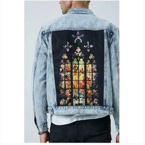 NEW Forever 21 Alphonse Mucha Stained Glass Acid Wash Blue Denim Jacket